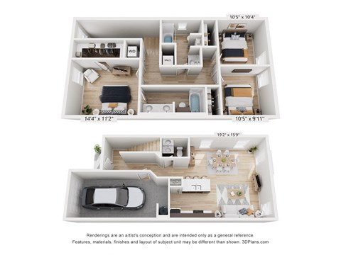 Floor plan for 3 beds, 2.5 baths, 1392 sqft